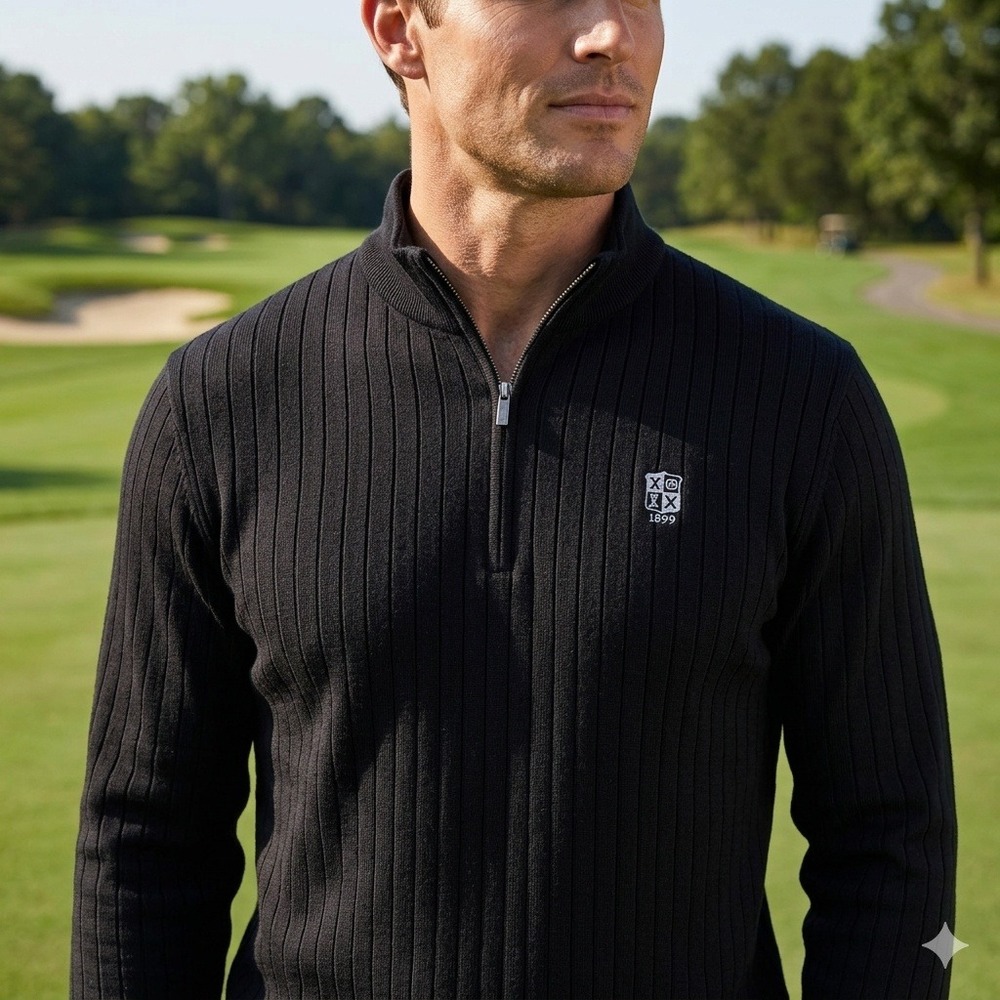 New FootJoy Drop Needle Pullover Men Large Black Half-Zip Ribbed Golf Sweater